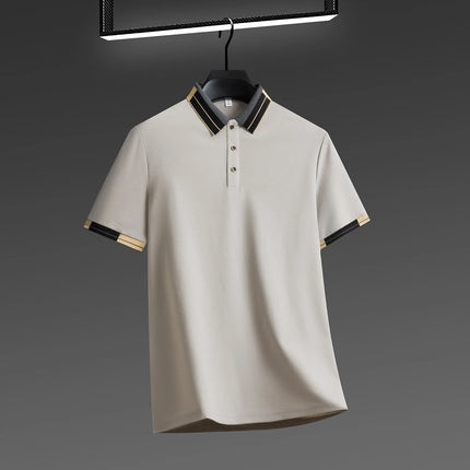 2025 New Men's Collar Polo Shirt Short Sleeved Sweat Absorbing Polo Tops, Luxury Jacquard Breathable Contrast Color T-shirt
