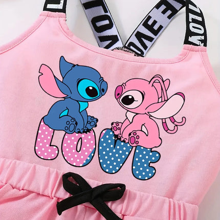 2025 Disney Stitch Girls 3-12Y Summer Romper. Thick-strap off-shoulder loose breathable shorts jumpsuit. Casual outfit!