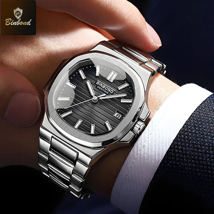 BINBOND Luxury Military Man Watch Square Waterproof Luminous Date Week Men Watch Stainless Steel Quartz Men's Watches Reloj