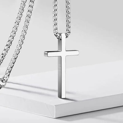 Stainless Steel Cross Necklace for Men Boys,Silver Color Plain Cross Pendant Collar,Hiphop Classic Punk Jewelry Gift
