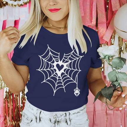 Couple Vintage Spider Heart Print T-Shirts Women Men Fun Round Neck Fashion Lover Short Sleeve Streetwear T-shirts