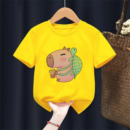 Funny T-Shirt Capybara With Turtle Loves Bubble Milk Tea Printed T-Shirt Girls/Boys Kawaii Kids Clothes Harajuku Shirt Tops