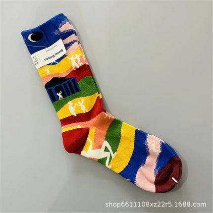 Bonne Maison French Small Batch Women's Fun Oil Painting Style Mid-Calf Cotton Dopaamine Colorful Socks Moisture Wicking Sweat