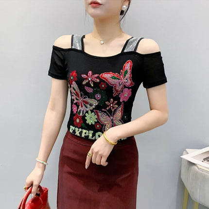 Summer Streetwear Fashion Women's T-shirt Luxury Design Butterfly Hot Diamonds Tee Sexy Off Shoulder Girls Tops European Clothes