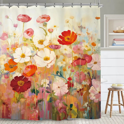 Pink Green Flower Bathroom Shower Curtain Watercolor Botanical Spring Blush Cute Plant Polyester Fabric Hooks Waterproof Decor