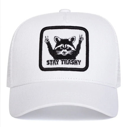 Unisex STAY TRASHY Raccoon Embroidery Baseball Net Caps Spring Summer Outdoor Adjustable Casual Hats Sunscreen Hat Sports Cap