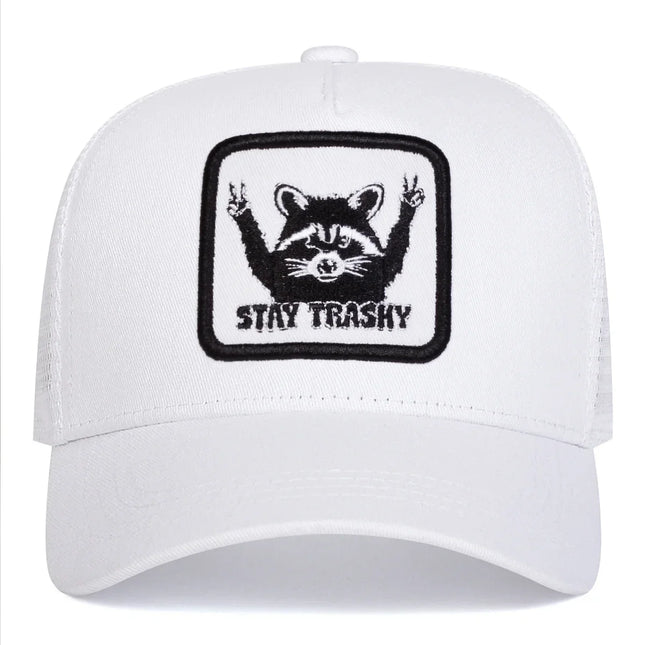 Unisex STAY TRASHY Raccoon Embroidery Baseball Net Caps Spring Summer Outdoor Adjustable Casual Hats Sunscreen Hat Sports Cap