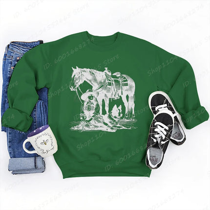 Women Oversized Sweatshirt, Cowgirls Horse & Dog Print Crew Neck Sweatshirts Casual Long Sleeve Plus Size Hoodless Pullovers