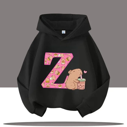 The A-Z Kapibara Cartoon Printed Children's Hoodie, Autumn Outdoor Casual Top for Boys and Girls with A Hooded Pullover
