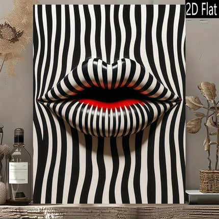 2D Flat 1pc Abstract Striped Lip Art Print - Frameless Canvas Wall Decor, Modern Retro Design with Bold Black & White Stripes