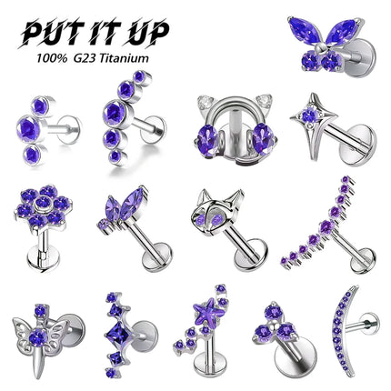 F136 Titanium Alloy Fashion Purple Zirconia Stud Earring Set with Cartilage Piercing Lip Stud and Ear Lobe Body Piercing Jewelry