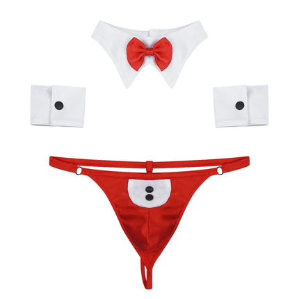 3Pcs Mens Waiter Tuxedo Lingerie Sexy Cosplay Costume Open Back G-string Jockstraps Underwear with Bow Tie Collar and Bracelets
