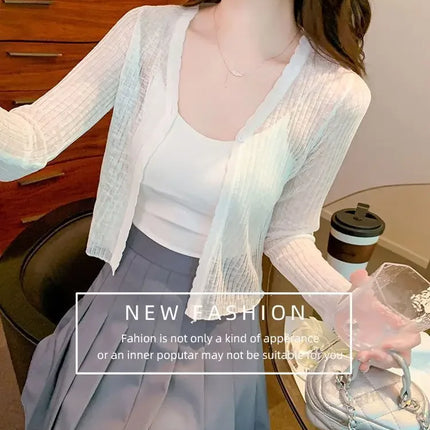 Slim Fit Knitted Long Sleeve Short Cardigan Women's Summer New Style Korean Version Thin Outerwear Pure Color Sun Protection Shi