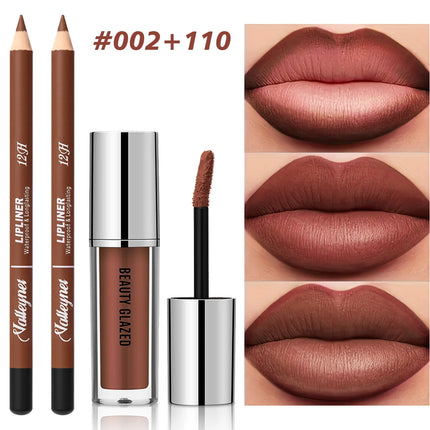 2Pcs/Set Lip Liner + Lipstick, Pink Brown and Purple, Long-lasting Matte, Waterproof and Easy to Apply, Create Daily Makeup