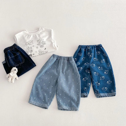 2026 Spring Kids Jean Star Pants Korean Style Boys Girls Denim Pants Full of Puppy Print Casual Toddler Boys Straight Trouseres