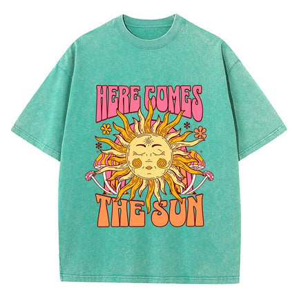 Oversize Women's Washed T-Shirt Cotton Here Comes The Sun Prints T Shirts Casual O-Neck Short Sleeve Tops Loose Women's Clothes