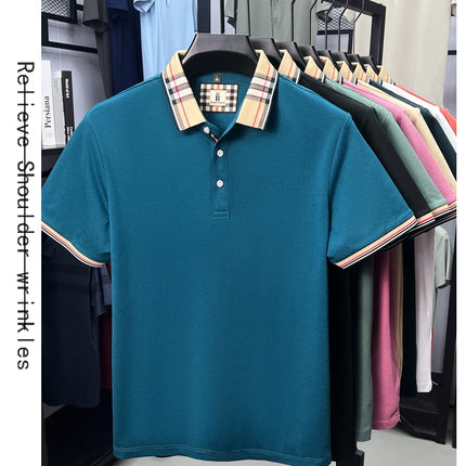 High-end silky cotton breathable short-sleeve polo shirt men's summer new trend plaid lapel designer brand casual golf T-shirt