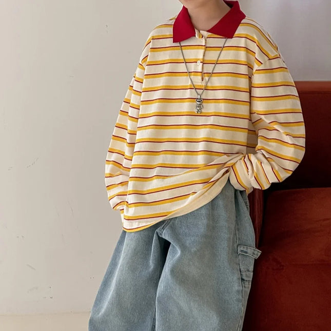 2026 New Kids Stripe Polo Shirt Spring 1-12Y Boys Cotton Soft Orange Color Blocking Casual Long Sleeve Top Children Clothes