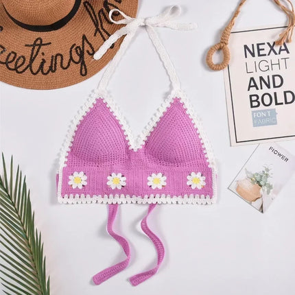 National Style Women's Swimwear Top with Chest Pads Bohemian Beach Wear Outfit Crochet Halter Neck Summer Sling Beach Vacation