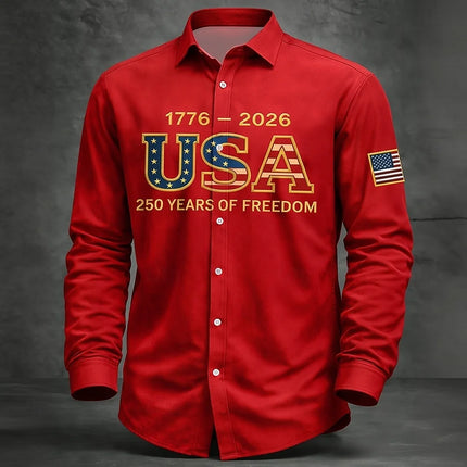Men's Shirt Us Flag Freedom 250th Anniversary Trendy Retro 3D Print Top Autumn Long Sleeved Button up Spring Fall Holiday Shirts