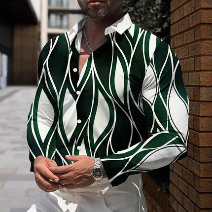 Men's long sleeved lapel shirt with button design and digital printing, casual and comfortable, fashionable to wear