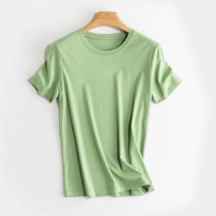 SuyaDream Women Solid T shirts, Silk Cotton Blend, O Neck, Short Sleeved Solid Tee,2025 Summer Candy Colors Basic Cozy Top Green