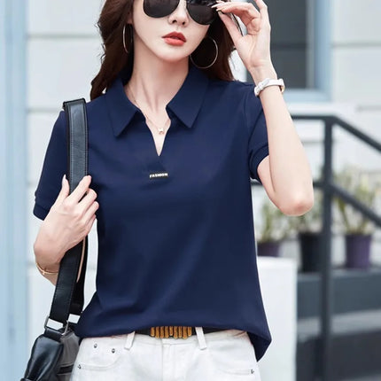European Station Polo Neck Short sleeved T-shirt Women's Summer New Fashion Light Luxury Loose Large Cotton V-neck Casual Top