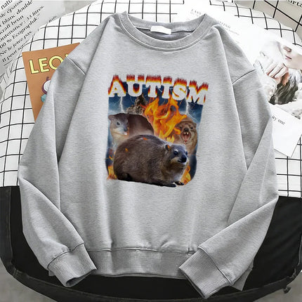Y2k Vintage Autism Animals Hoodies Basic Warm Fleece Sweatshirt Soft Breathable O-Neck Pullover Casual Female Clothes
