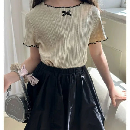 Girls' 1-12Y Korean-Style Knitted Lace-Trimmed Short-Sleeve Summer Ruched Tops: Trendy, Breathable, Bow Tie, Versatile Tee