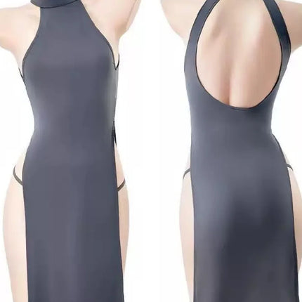 High Slit Cheongsam Uniform Temptation Erotic Nightdress Women Sexy Lingerie Dress+Panties Set Porn Sex Nightie