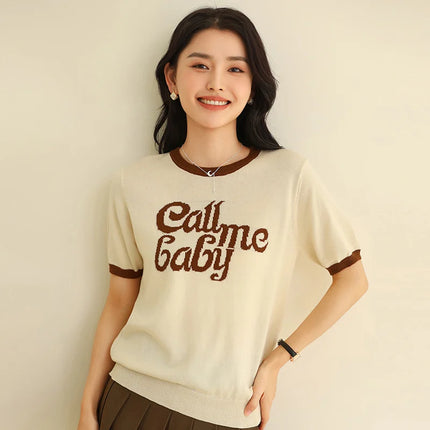 New women's short-sleeved 100% cotton knitted O-neck women's T-shirt Korean version fashionable hot selling top