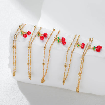 Teamer Enamel Cherry Charm Bracelet For Woman Gold Color Stainless Steel Double Bead Chain Fashion Birthday Friend Jewelry Gift