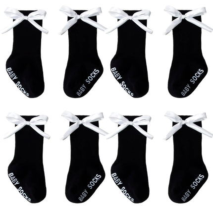 1/4pairs 0-2Y Cute Baby Girls' Cotton Mid-calf Socks Solid Bowknot Non-slip Sockens Toddler Kids Spring & Autumn Newborn Socks