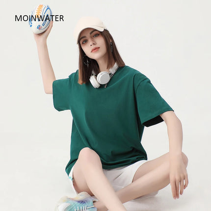 WAVLATII New Women Solid Cotton T Shirts Female Dark Green Oversized Casual Soft Tees Unisex Short Sleeve Summer Tops