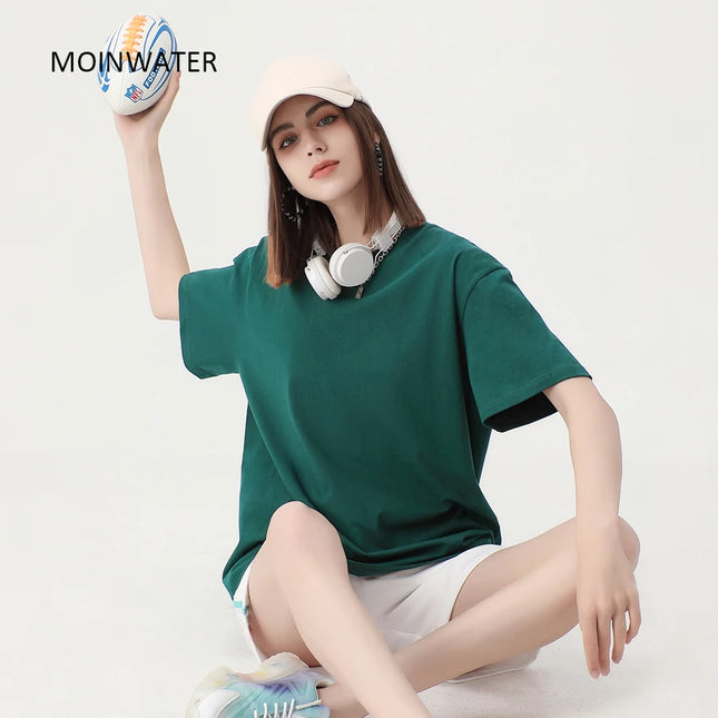 WAVLATII New Women Solid Cotton T Shirts Female Dark Green Oversized Casual Soft Tees Unisex Short Sleeve Summer Tops