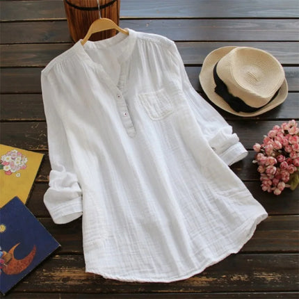 Womens Linen Cotton Long Sleeve Blouse Loose Fit Casual Shirt Three Colors for Spring Outing Chic Relaxed