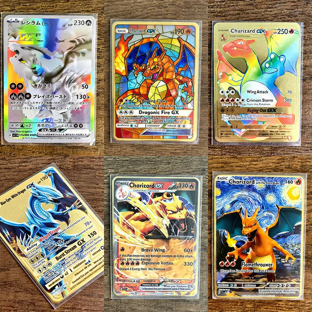 Charizard Theme Metal Collectible Cards Arceus Mewtwo.Super Lehiram ，6Pcs Gold Foil Fan Art Trading Cards Collection Toy Gift