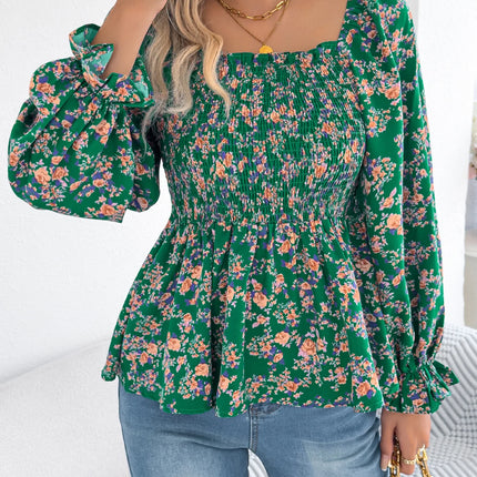 VigoCasey 2025 Spring Floral Print T-shirt Casual Women Lantern Long Sleeve Top Autumn Lady Square Neck Casual Club Short Tops