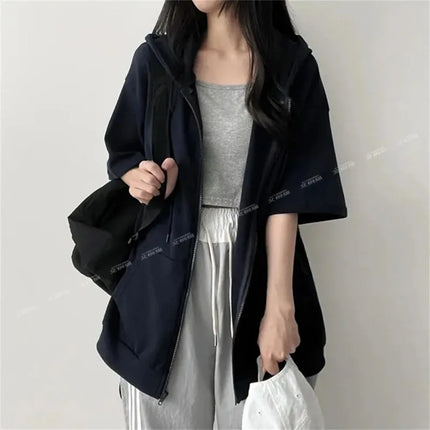 Women's Half Sleeve Zip Up Hoodie Loose Fit Casual Oversized Hooded Sweatshirt with Pockets