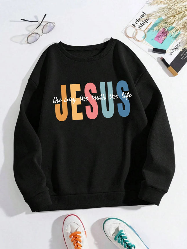 Jesus Color Letter Creative Print Women Sweatshirt Soft Fleece Pullover All-Match Y2K Loose Clothes Autumn Casual Streetwear