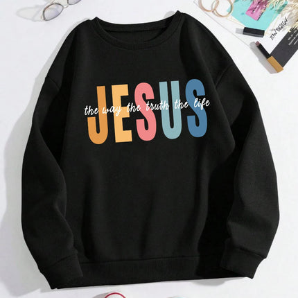 Jesus Color Letter Creative Print Women Sweatshirt Soft Fleece Pullover All-Match Y2K Loose Clothes Autumn Casual Streetwear