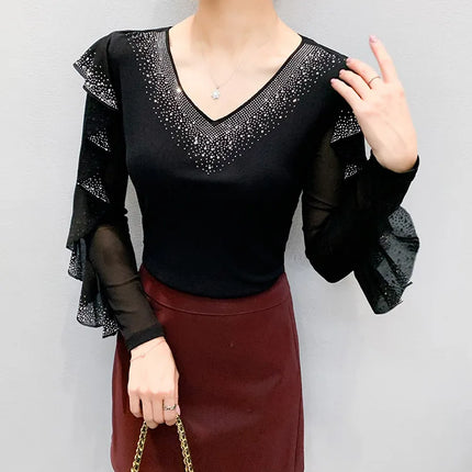 2025 Autumn New Style Mesh Tops Korean Fashion Round Neck Ruffles Shirt Lotus Leaf Edge Hot Diamond Long Sleeve Women T-Shirt