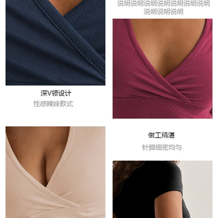 2025 Summer New Fashion Women's T-Shirt Solid-Color Slim-Fit V-Neck Short-Sleeve Top Y2k Clothing