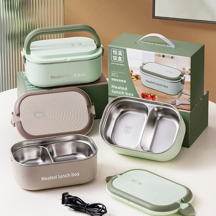 304 Stainless Steel Electric Lunch Box Constant Temperature Heated Lunch Box Plug-in 1.2L Double Chamber Water-Free Lunch Box