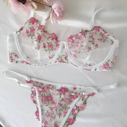 YUQI French Elegant Lingerie Set-Floral Embroidery Semi-Transparent Bra & Brief,Black Sensual Women's Underwear Luxury Intimates