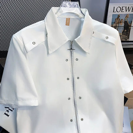 Metal button design padded shoulder men's shirt, summer high-end stylish wrinkle-free short-sleeve shirt