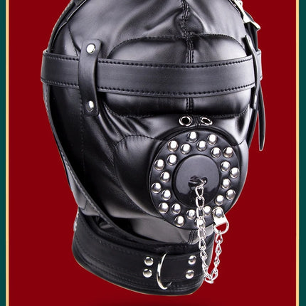 PU Leather Full Head Bondage Hood Mask Adjustable BDSM Headgear Blindfold with Chain Leash Role Play Costume Accessories