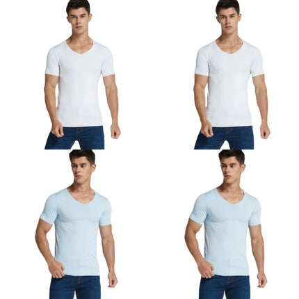 4Pcs Summer Ice Silk Men T-Shirt Vest Men's No Trace Sports Short Sleeve T-shirt Solid V-neck Tees Quick Dry Shirt Tops Fitness