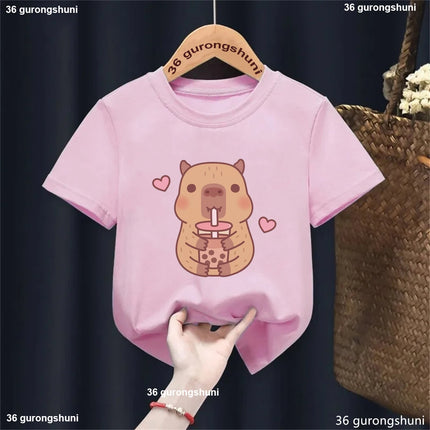 Funny T-Shirt Capybara With Turtle Loves Bubble Milk Tea Printed T-Shirt Girls/Boys Kawaii Kids Clothes Harajuku Shirt Tops