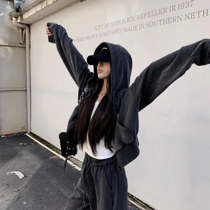 2025 New Women Loose American Zip Hoodie Washed Vintage Black Grey Autumn Winter Fashion Casual Streetwear